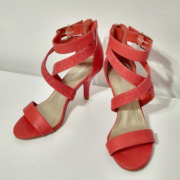 Xappeal Red Orange Strappy Shoes, Zip Back Buckle Kitten Heel, 6.5 - Picture 2 of 11